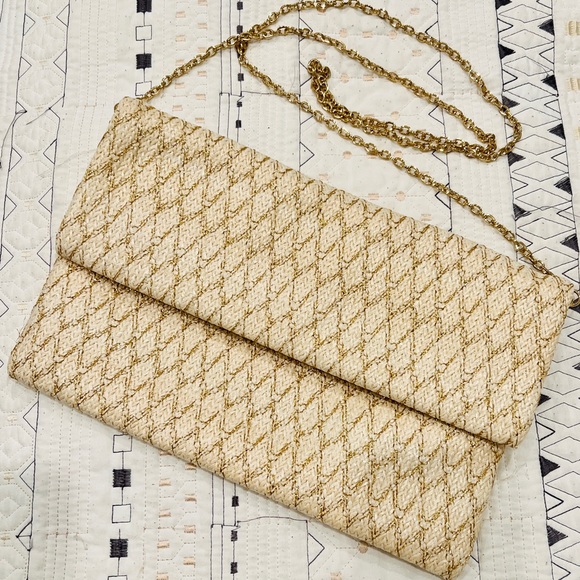Bags Rattan Natural Fiber Style Gold Thread Clutch With Gold Chain